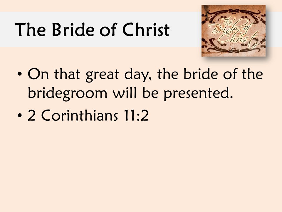 The Bride of Christ On that great day, the bride of the bridegroom will be presented.