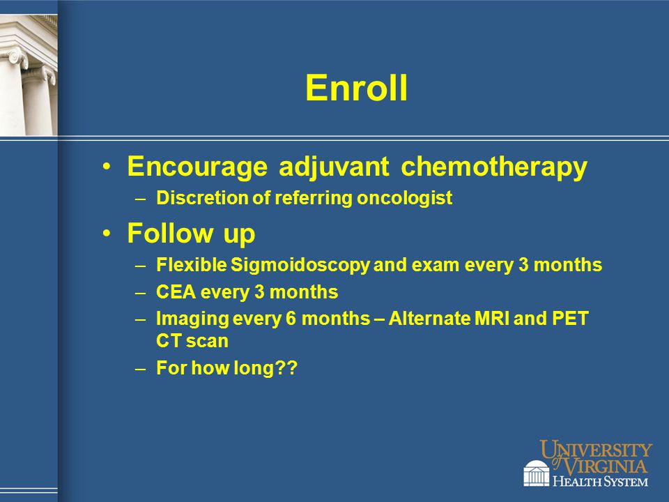 Enroll Encourage adjuvant chemotherapy Follow up