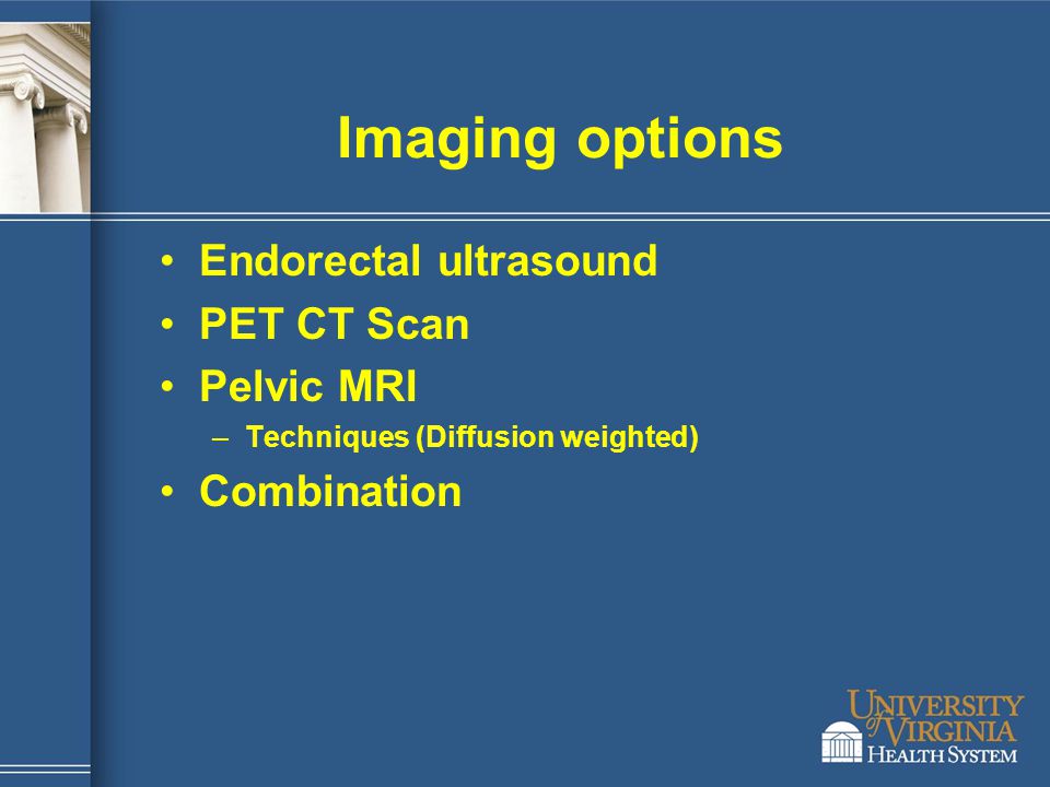 Imaging options Endorectal ultrasound PET CT Scan Pelvic MRI