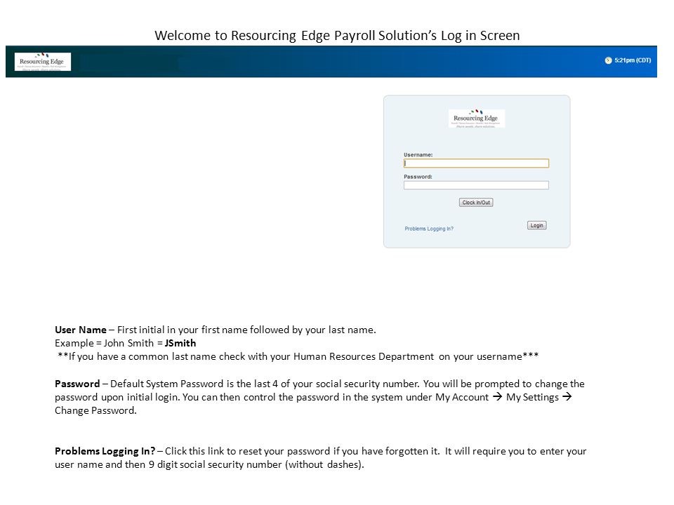 Welcome to Resourcing Edge Payroll Solution’s Log in Screen