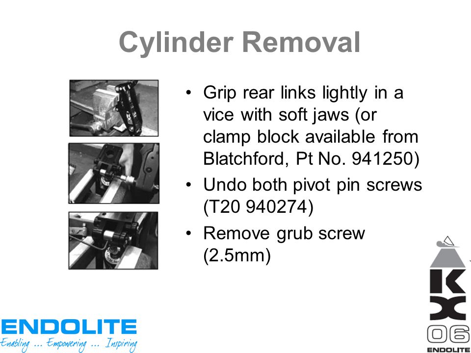 Cylinder Removal Grip rear links lightly in a vice with soft jaws (or clamp block available from Blatchford, Pt No )