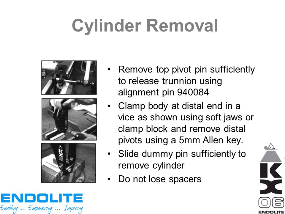 Cylinder Removal Remove top pivot pin sufficiently to release trunnion using alignment pin