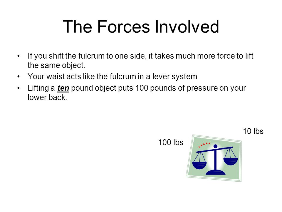 The Forces Involved If you shift the fulcrum to one side, it takes much more force to lift the same object.