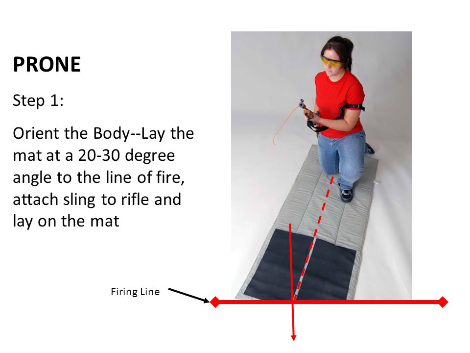 PRONE Step 1: Orient the Body--Lay the mat at a degree angle to the line of fire, attach sling to rifle and lay on the mat.