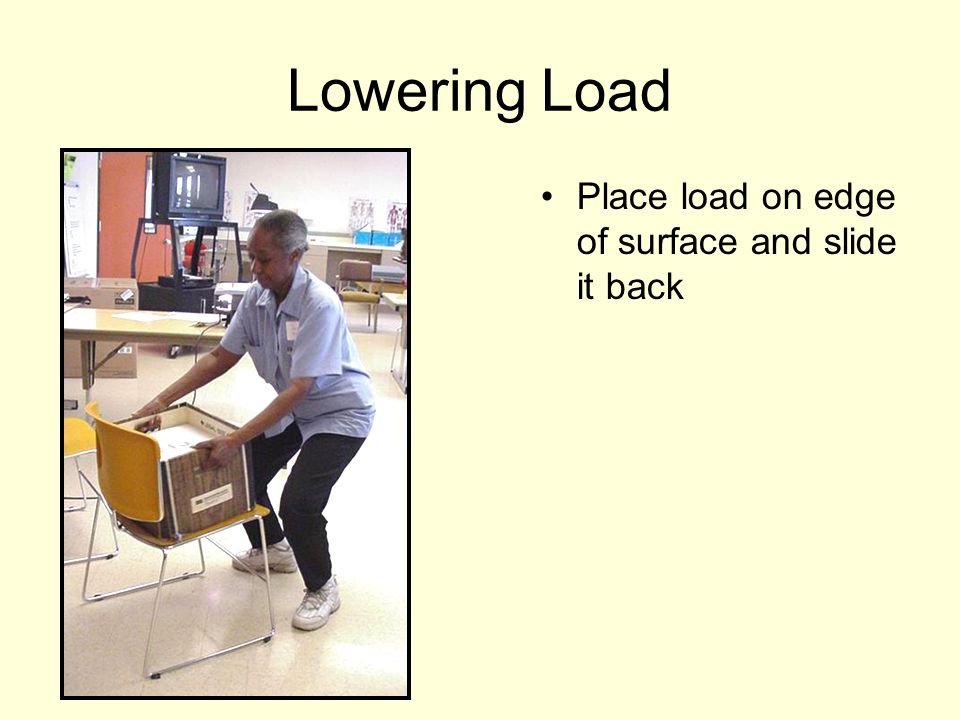 Lowering Load Place load on edge of surface and slide it back