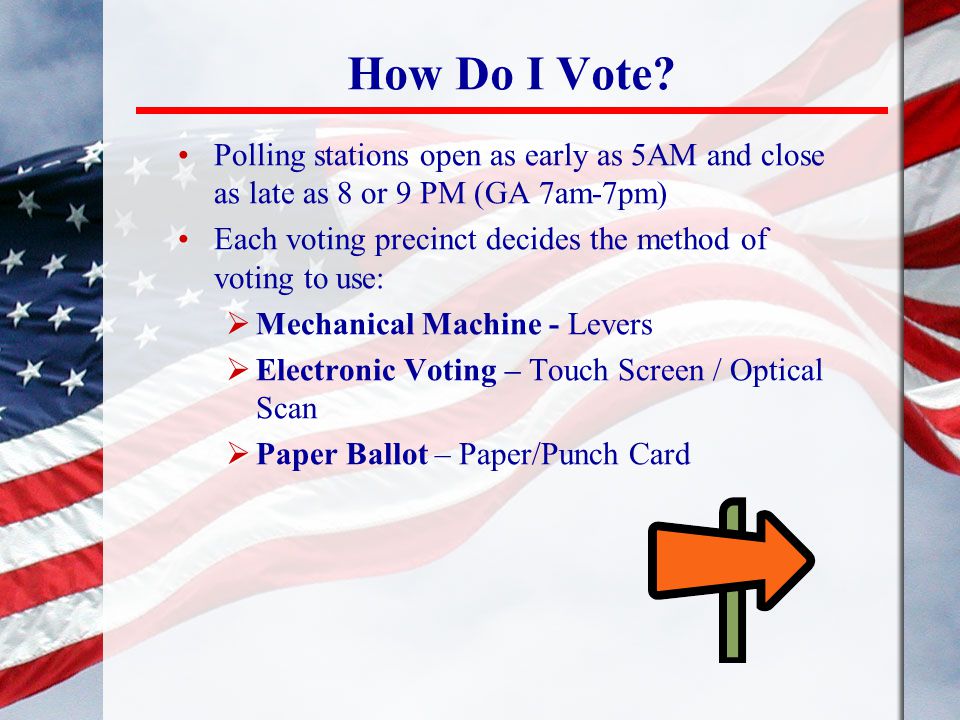 How Do I Vote Polling stations open as early as 5AM and close as late as 8 or 9 PM (GA 7am-7pm)