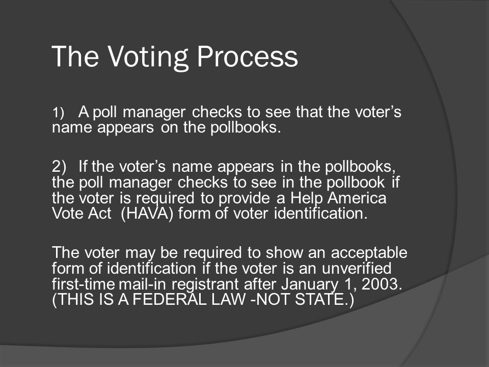 The Voting Process 1) A poll manager checks to see that the voter’s name appears on the pollbooks.
