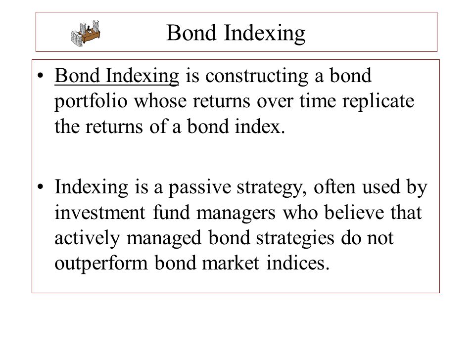 Bond Indexing Bond Indexing is constructing a bond portfolio whose returns over time replicate the returns of a bond index.