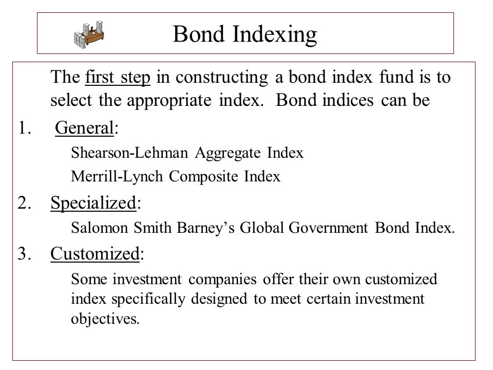 Bond Indexing The first step in constructing a bond index fund is to select the appropriate index. Bond indices can be.
