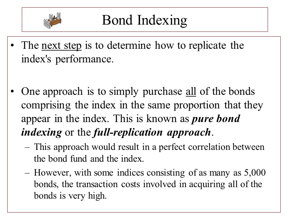Bond Indexing The next step is to determine how to replicate the index s performance.