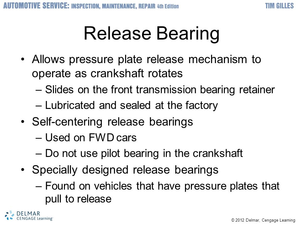 Release Bearing Allows pressure plate release mechanism to operate as crankshaft rotates. Slides on the front transmission bearing retainer.