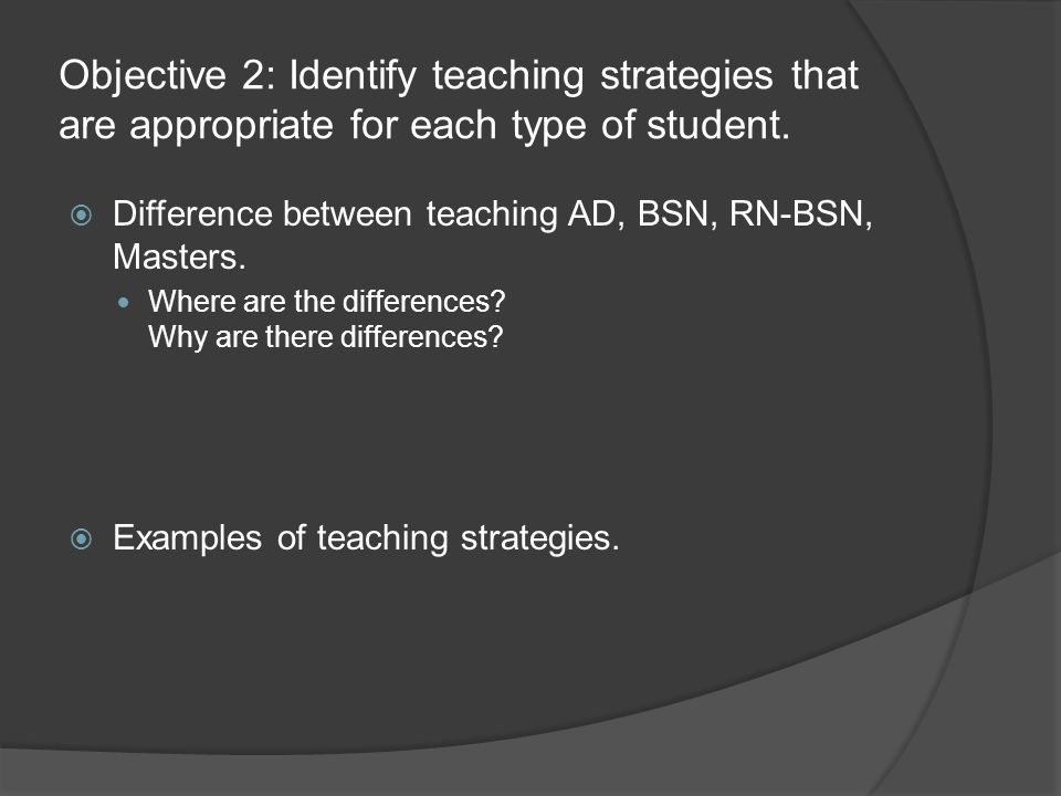 Objective 2: Identify teaching strategies that are appropriate for each type of student.