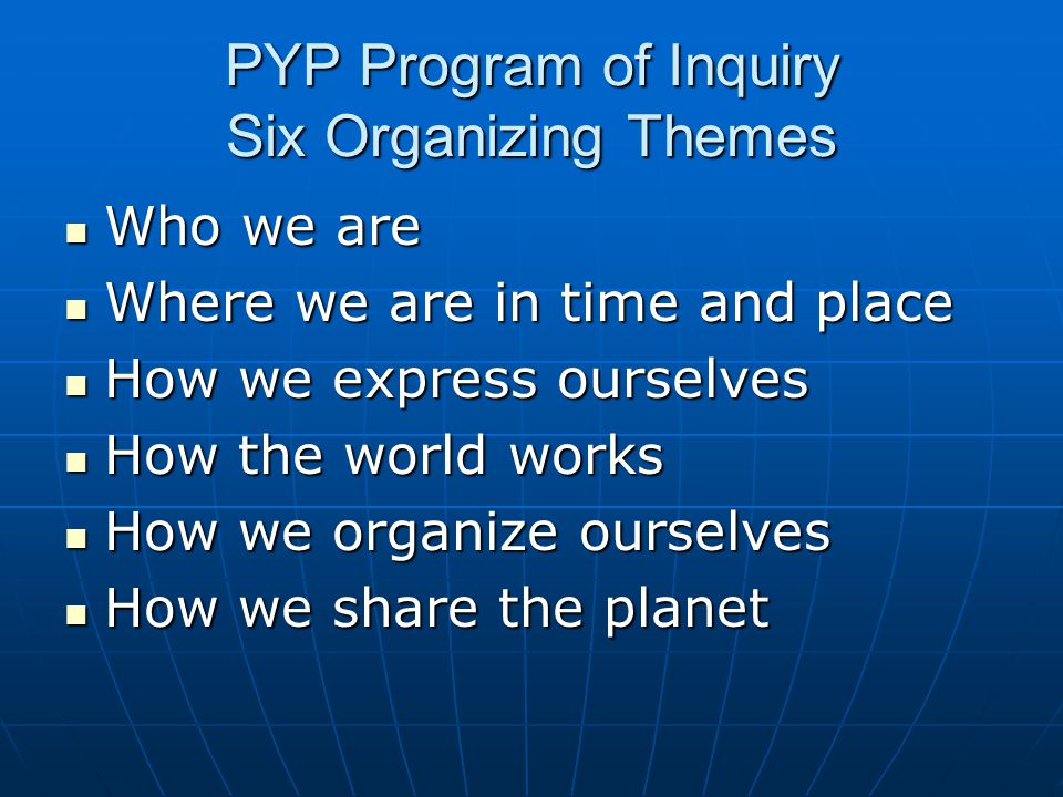 PYP Program of Inquiry Six Organizing Themes
