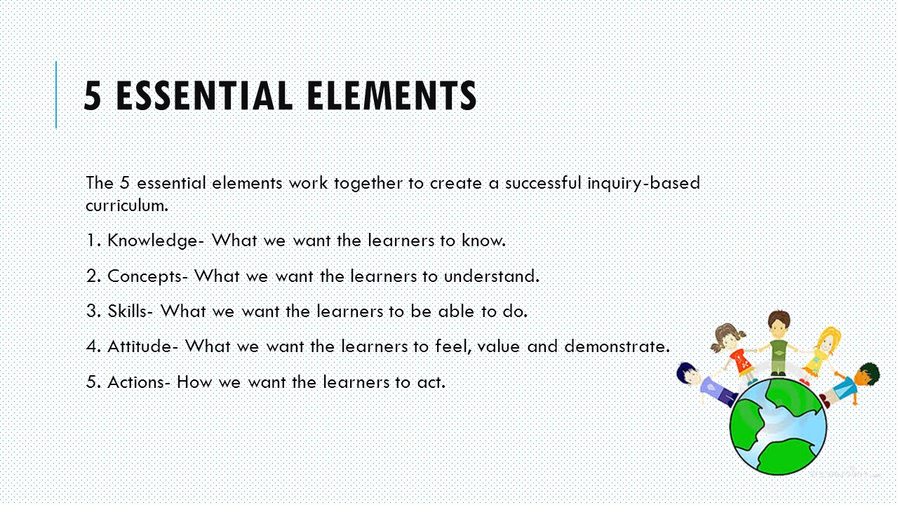 5 Essential Elements The 5 essential elements work together to create a successful inquiry-based curriculum.
