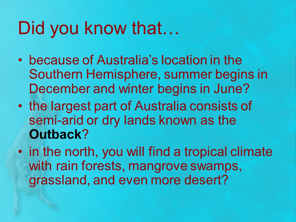 Did you know that… because of Australia’s location in the Southern Hemisphere, summer begins in December and winter begins in June