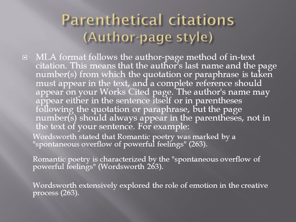 Parenthetical citations (Author-page style)