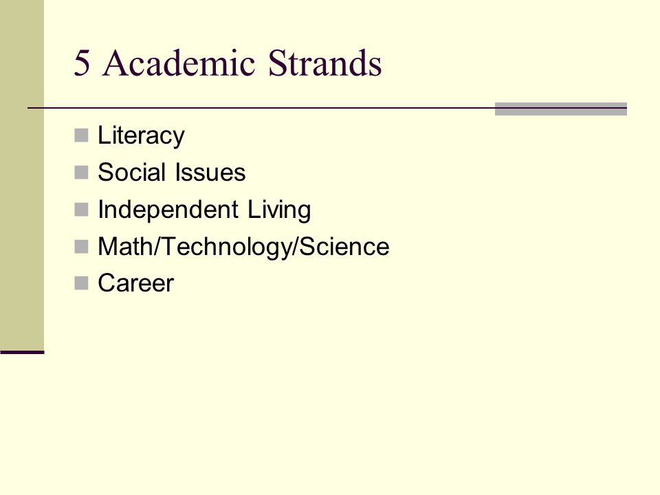 5 Academic Strands Literacy Social Issues Independent Living