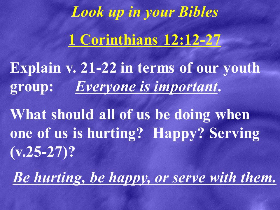 Look up in your Bibles 1 Corinthians 12: Explain v in terms of our youth group: