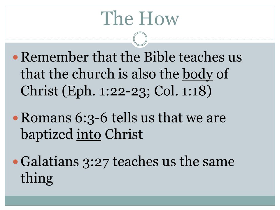 The How Remember that the Bible teaches us that the church is also the body of Christ (Eph. 1:22-23; Col. 1:18)