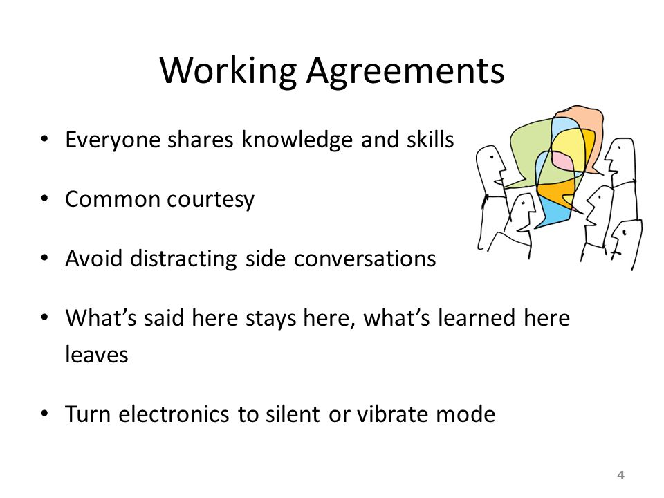 Working Agreements Everyone shares knowledge and skills