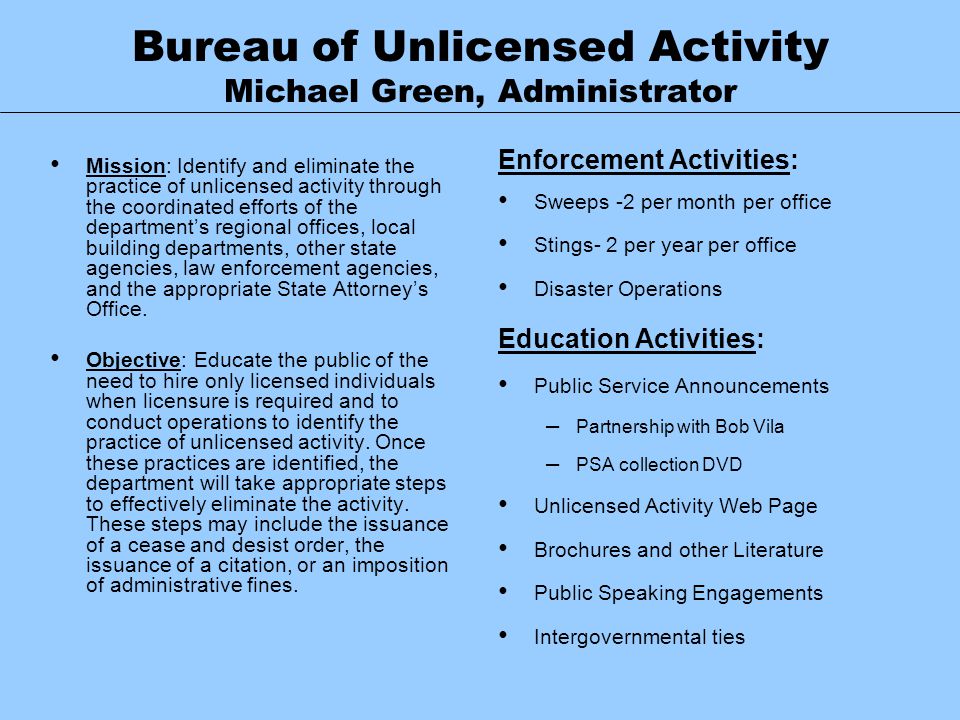Bureau of Unlicensed Activity Michael Green, Administrator