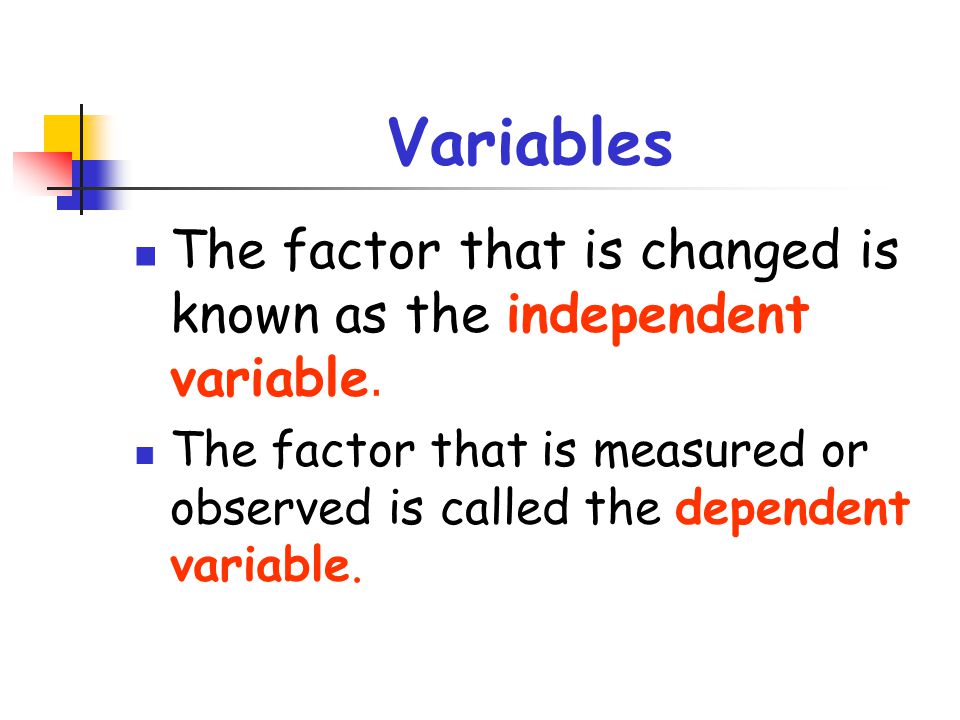 Variables The factor that is changed is known as the independent variable.