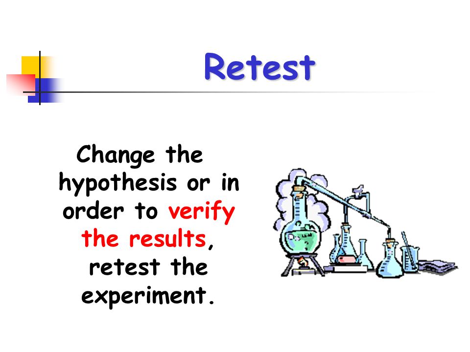 Retest Change the hypothesis or in order to verify the results, retest the experiment.