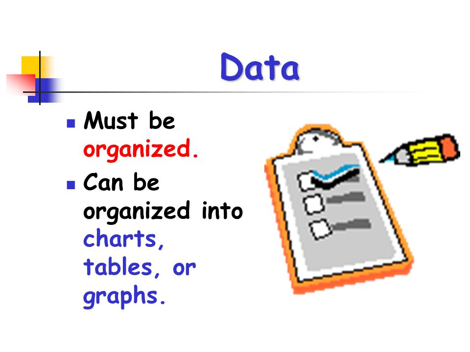 Data Must be organized. Can be organized into charts, tables, or graphs.