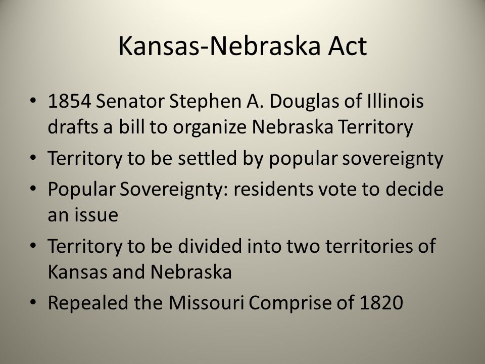 Kansas-Nebraska Act 1854 Senator Stephen A. Douglas of Illinois drafts a bill to organize Nebraska Territory.