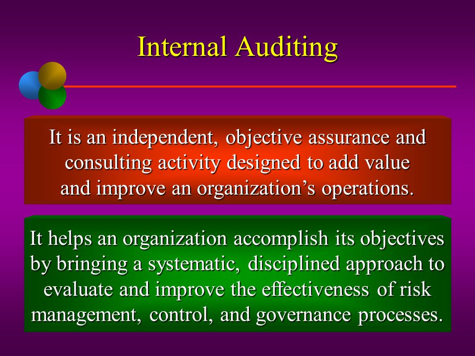 Internal Auditing It is an independent, objective assurance and
