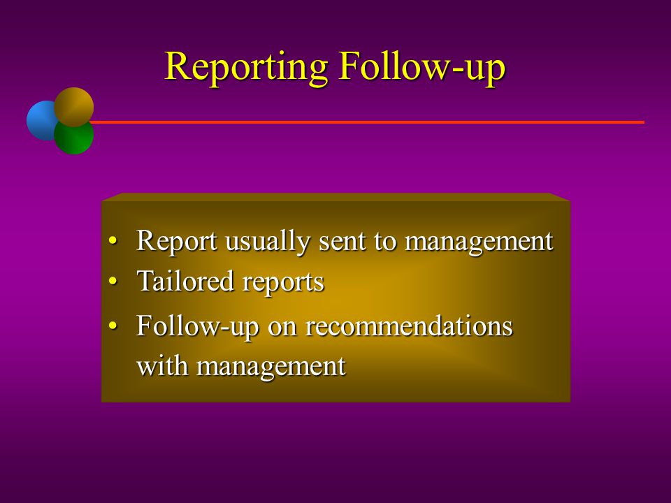 Reporting Follow-up Report usually sent to management Tailored reports