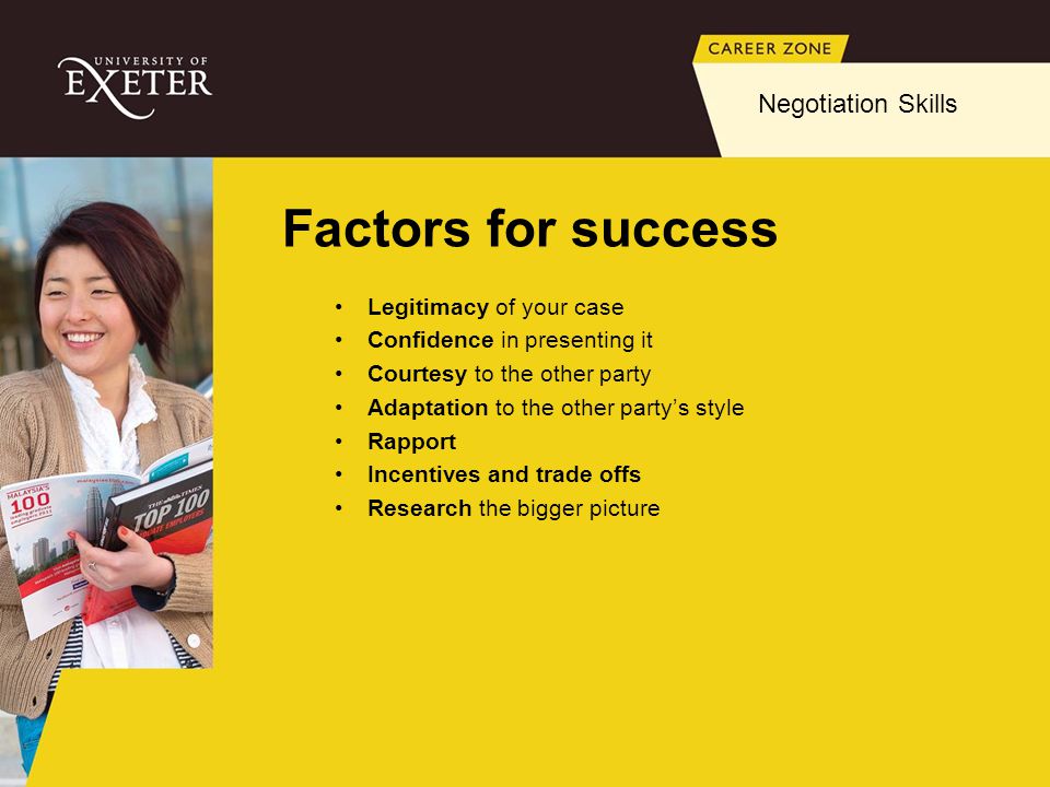 Factors for success Negotiation Skills Legitimacy of your case