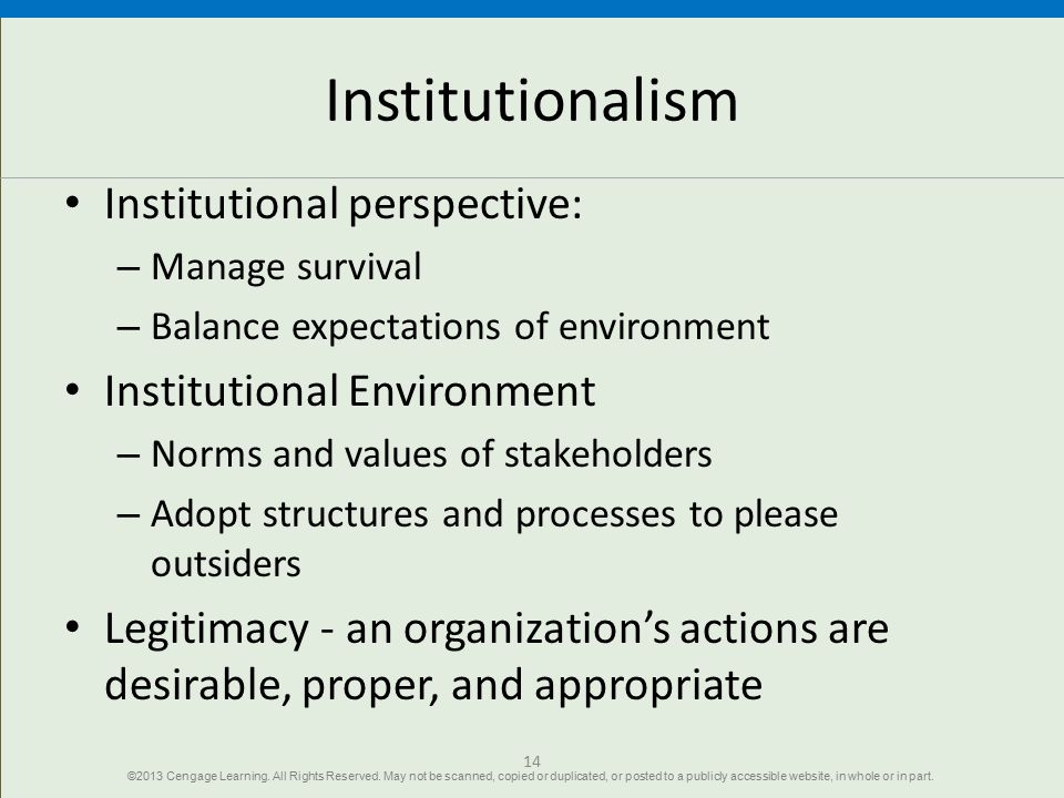 Institutionalism Institutional perspective: Institutional Environment