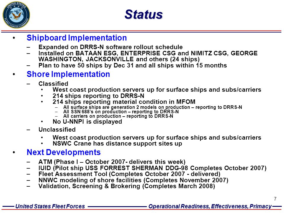 Status Shipboard Implementation Shore Implementation Next Developments