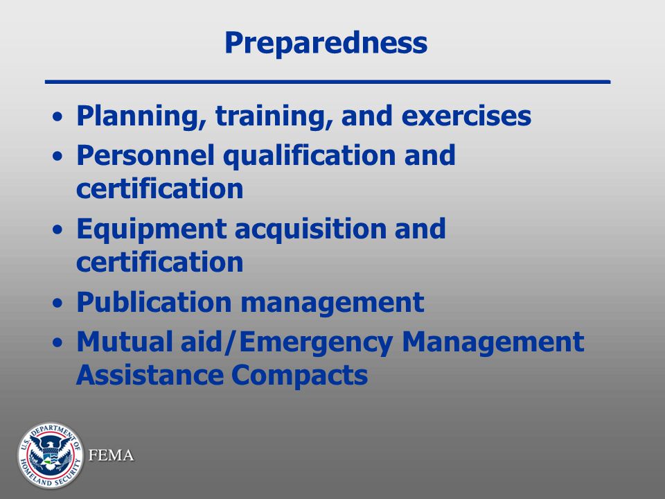 Preparedness Planning, training, and exercises