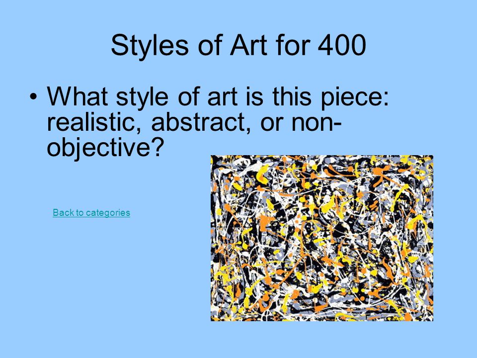Styles of Art for 400 What style of art is this piece: realistic, abstract, or non-objective.