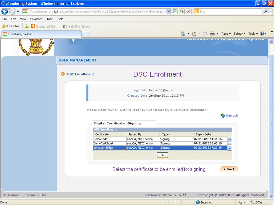 DSC Enrollment Select the certificate to be enrolled for signing.