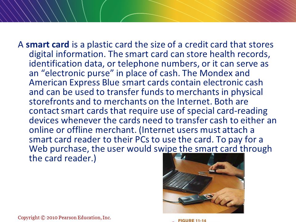 A smart card is a plastic card the size of a credit card that stores digital information. The smart card can store health records, identification data, or telephone numbers, or it can serve as an electronic purse in place of cash. The Mondex and American Express Blue smart cards contain electronic cash and can be used to transfer funds to merchants in physical storefronts and to merchants on the Internet. Both are contact smart cards that require use of special card-reading devices whenever the cards need to transfer cash to either an online or offline merchant. (Internet users must attach a smart card reader to their PCs to use the card. To pay for a Web purchase, the user would swipe the smart card through the card reader.)