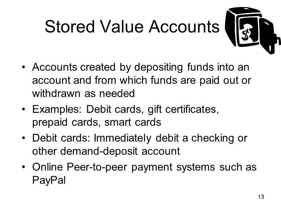 Stored Value Accounts Accounts created by depositing funds into an account and from which funds are paid out or withdrawn as needed.