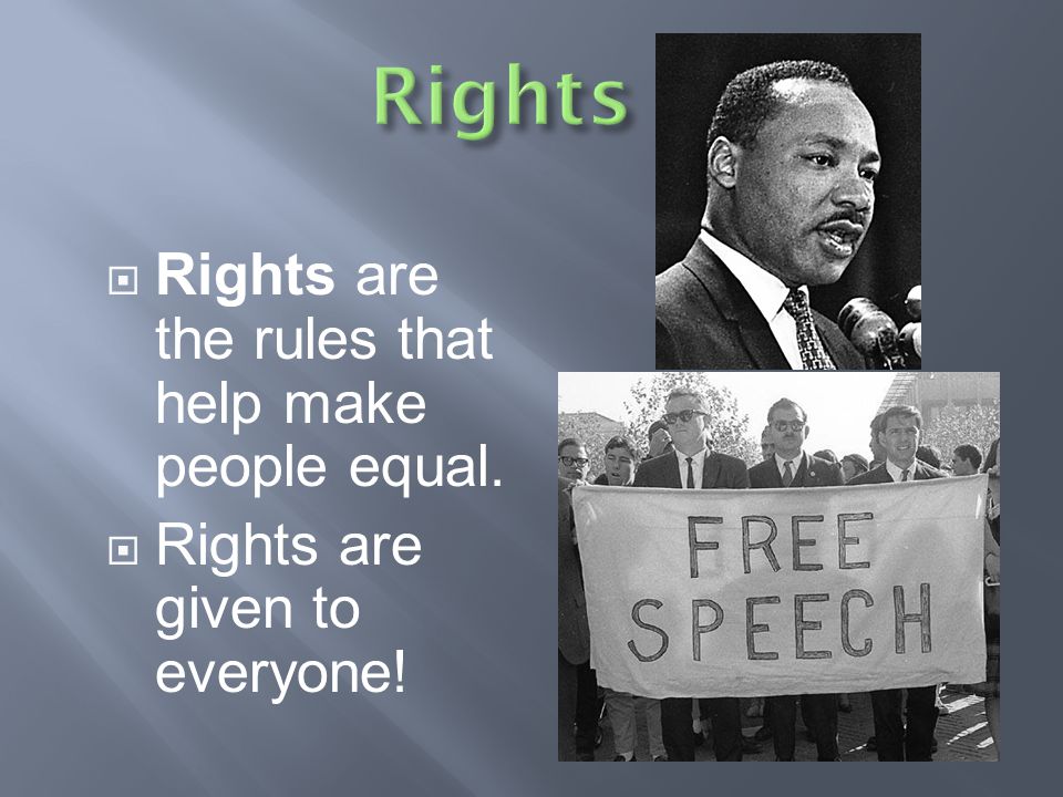 Rights Rights are the rules that help make people equal.