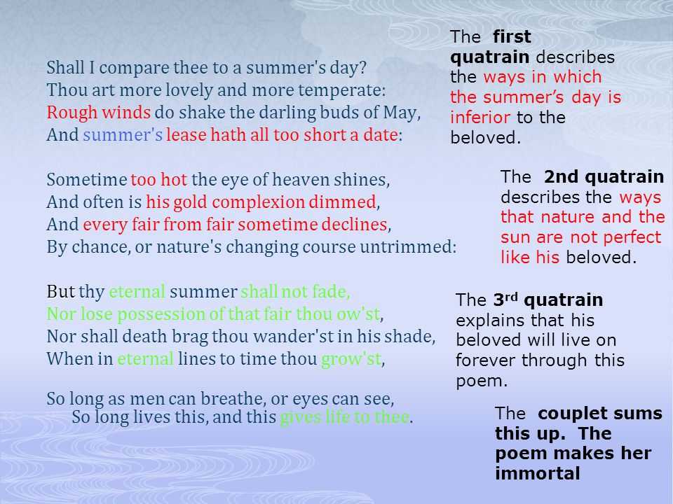 The first quatrain describes the ways in which the summer’s day is inferior to the beloved.