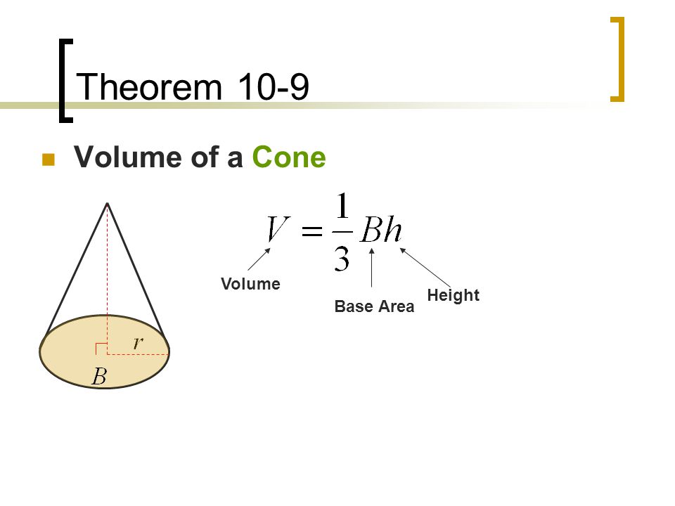 Theorem 10-9 Volume of a Cone Volume Height Base Area