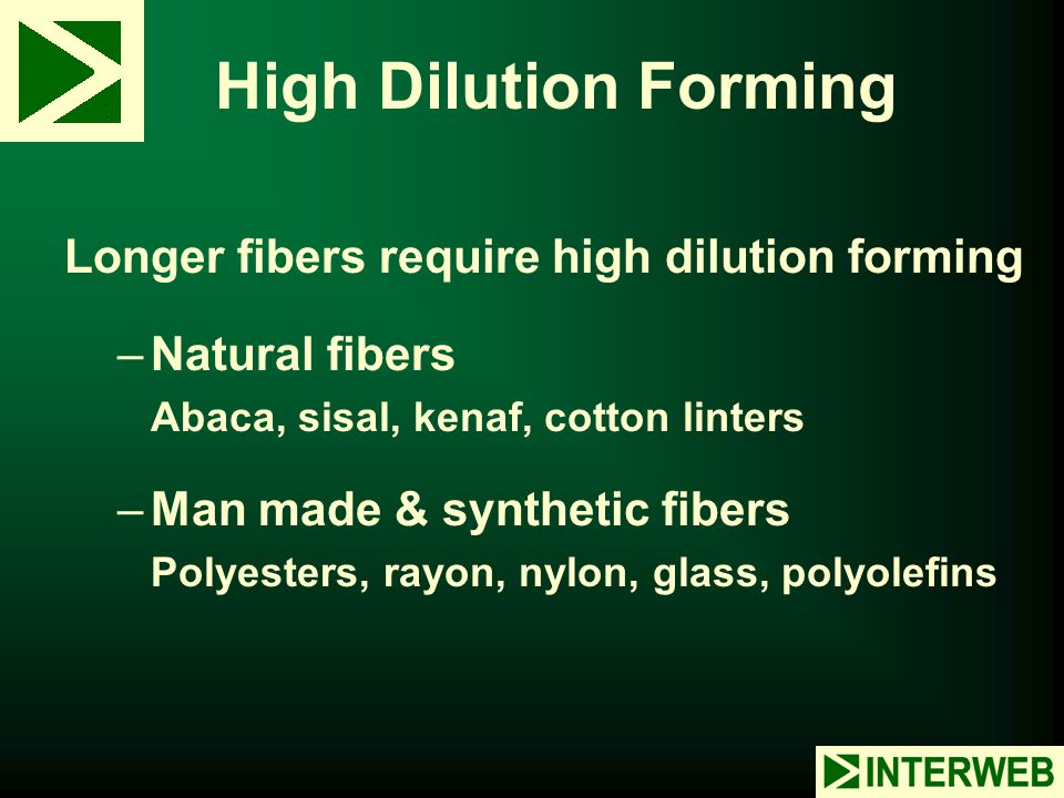 High Dilution Forming Longer fibers require high dilution forming