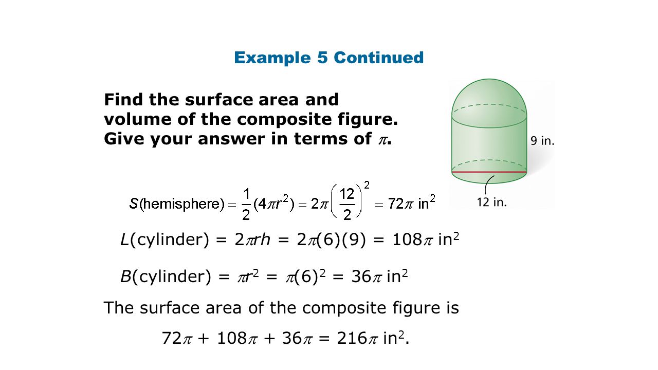 Example 5 Continued Find the surface area and volume of the composite figure. Give your answer in terms of .