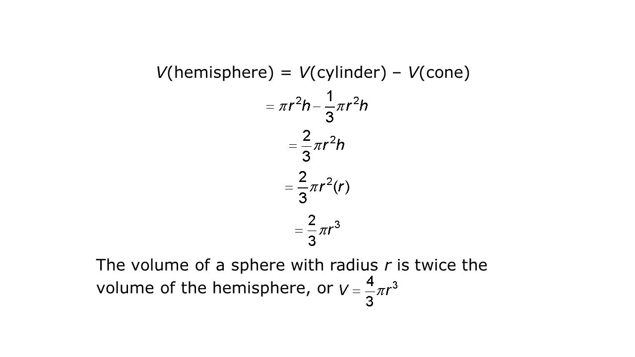 V(hemisphere) = V(cylinder) – V(cone)