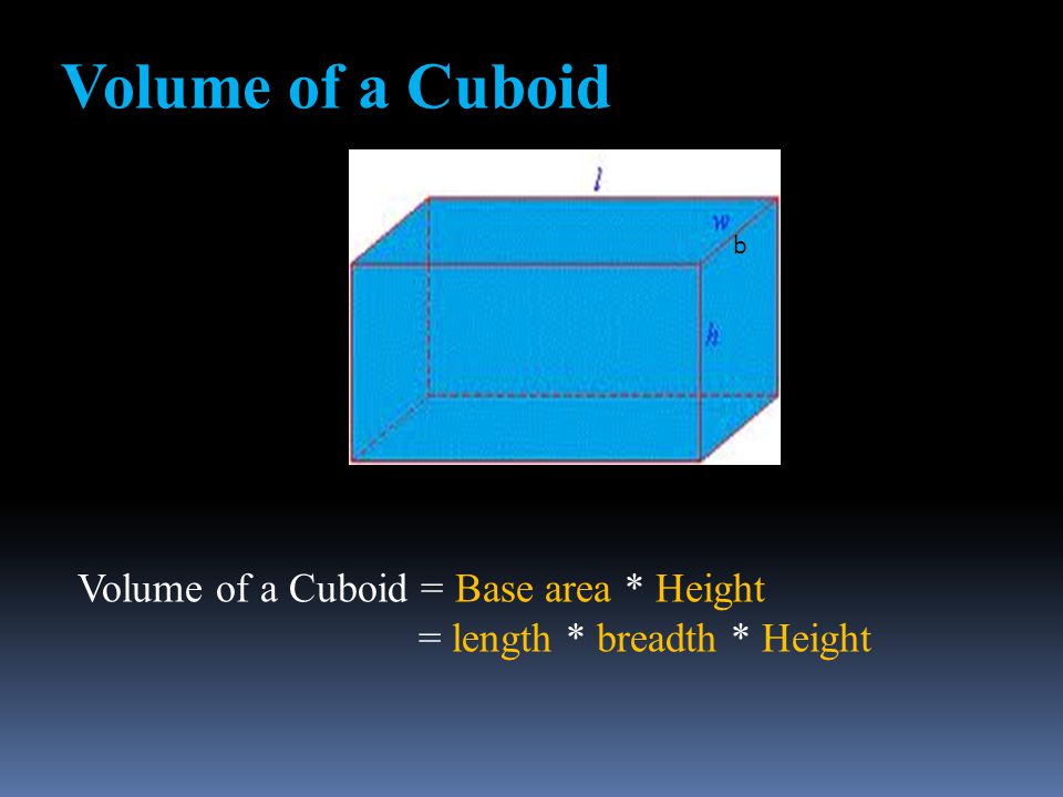 Volume of a Cuboid Volume of a Cuboid = Base area * Height