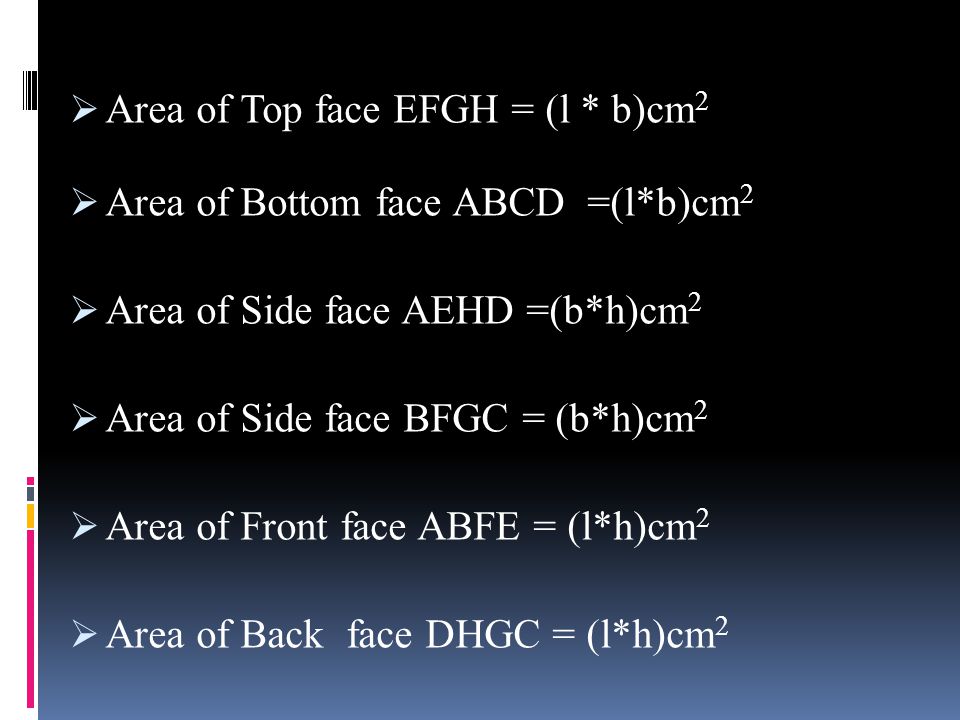 Area of Top face EFGH = (l * b)cm2
