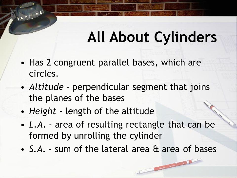 All About Cylinders Has 2 congruent parallel bases, which are circles.