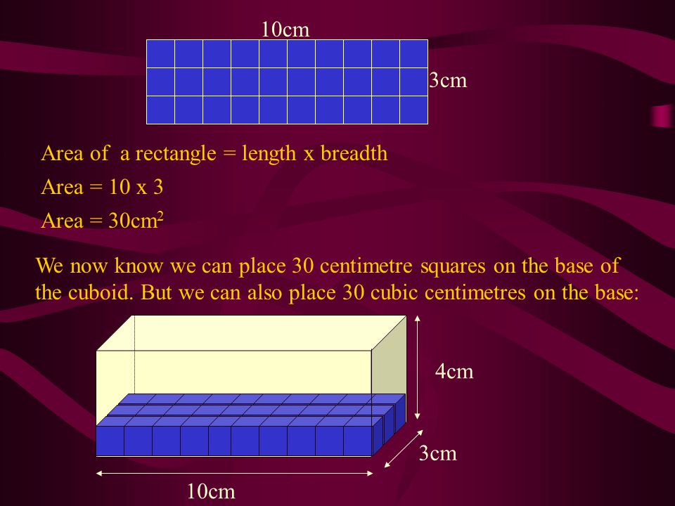 3cm 10cm. Area of a rectangle = length x breadth. Area = 10 x 3. Area = 30cm2.