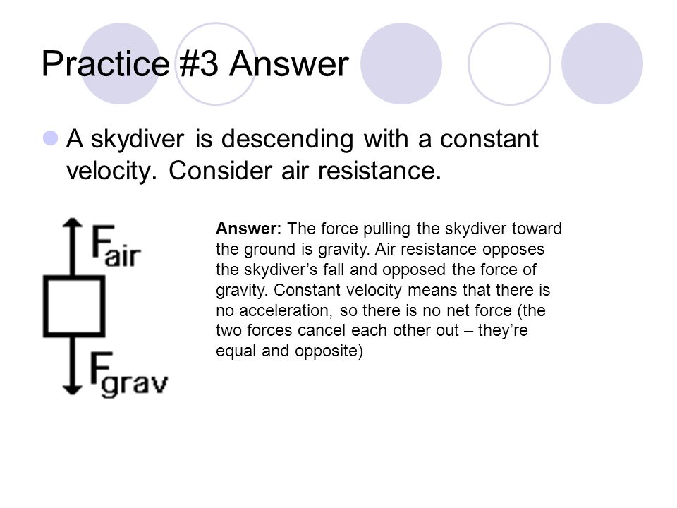 Practice #3 Answer A skydiver is descending with a constant velocity. Consider air resistance.